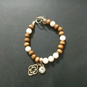 Crave Gold Tone Brown Wood and White Agate Gemstone Statement Bracelet